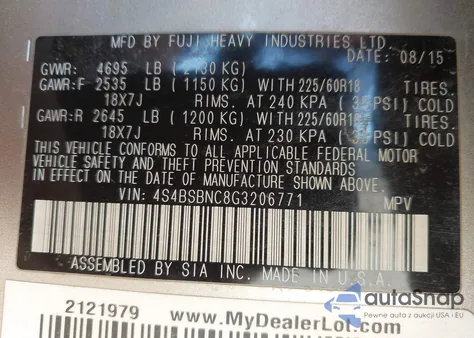 2016 Subaru Outback 2.5I Limited z USA, uszkodzony, nr VIN 4S4BSBNC8G3206771